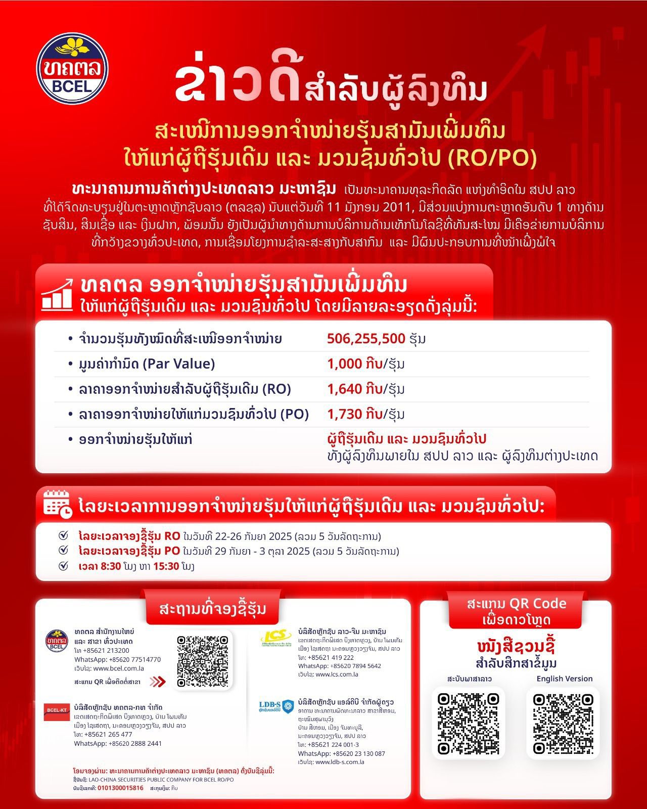 📣  #ຂ່າວດີ!! ທຄຕລ ອອກຈໍາໜ່າຍຮຸ້ນສາມັນເພີ່ມທຶນ ໃຫ້ແກ່ 